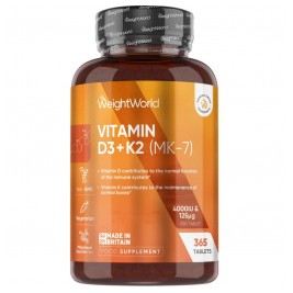 Vitamin D3 4000iu + K2 MK7 125mg 365caps WeightWorld 